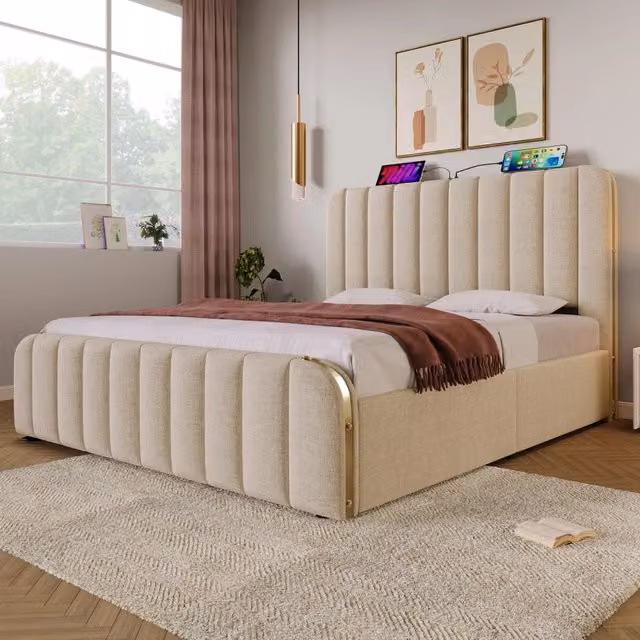 Letto matrimoniale 140x200 beige con contenitore idraulico; rivestimento in lino; testiera imbottita con USB-C