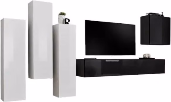 Set di mobili da soggiorno design collezione SWITCH III. Colori bianco e nero lucido.