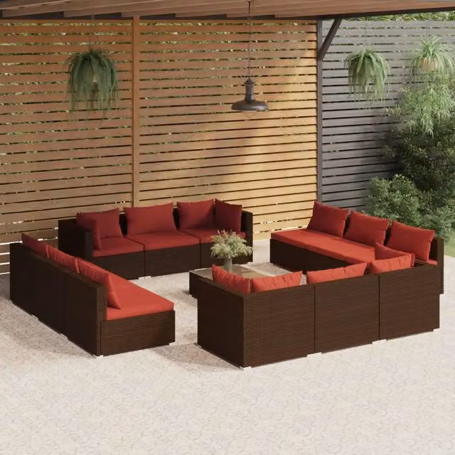 Set di Divani da Giardino vidaXL 13 Pezzi con Tavolino e Cuscini in Polyrattan Marrone e Rosso con Struttura in Acciaio e Coperture Rimovibili – 1