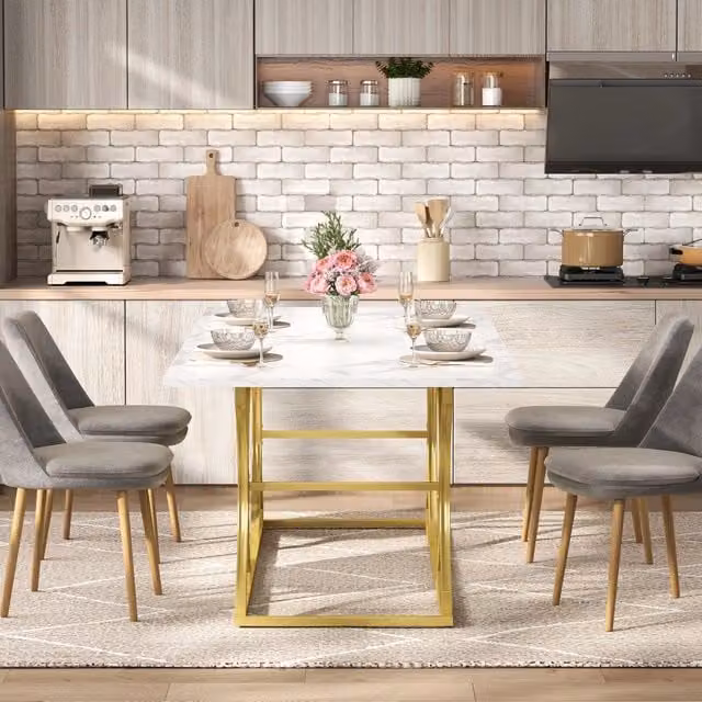 Tavolo da pranzo moderno REDOM rettangolare con effetto marmo bianco e oro, L: 200 cm, P: 80 cm, H: 76 cm