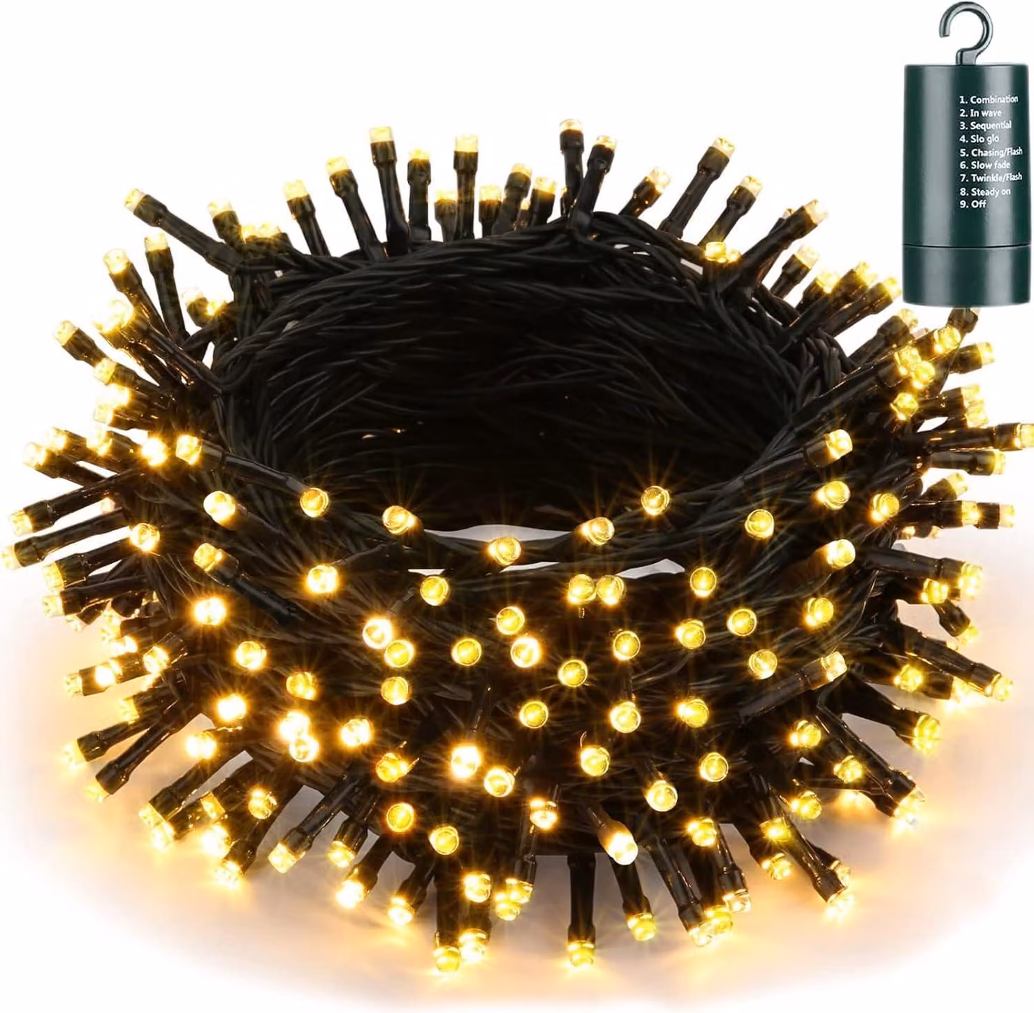 Catena luminosa con 200 LED, lunghezza 20 metri, alimentazione a batteria, luce bianco caldo, con timer