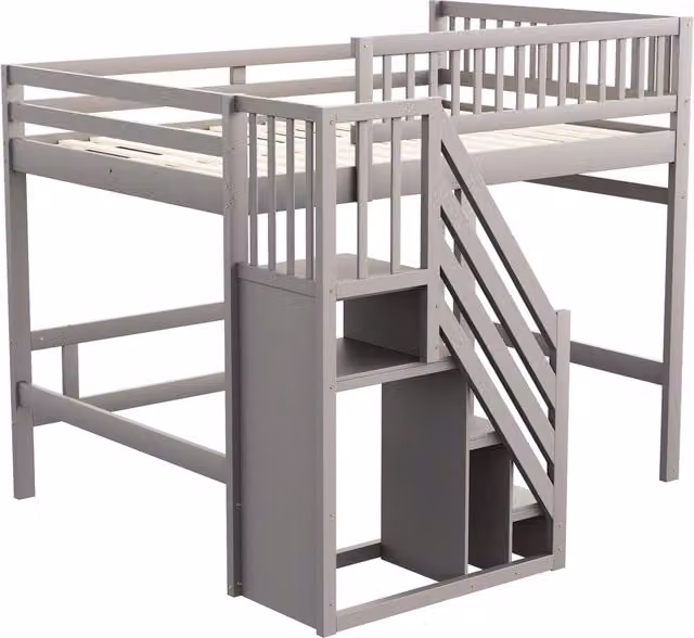 Letto per bambini 140x200 in legno massello con scala contenitore; grigio