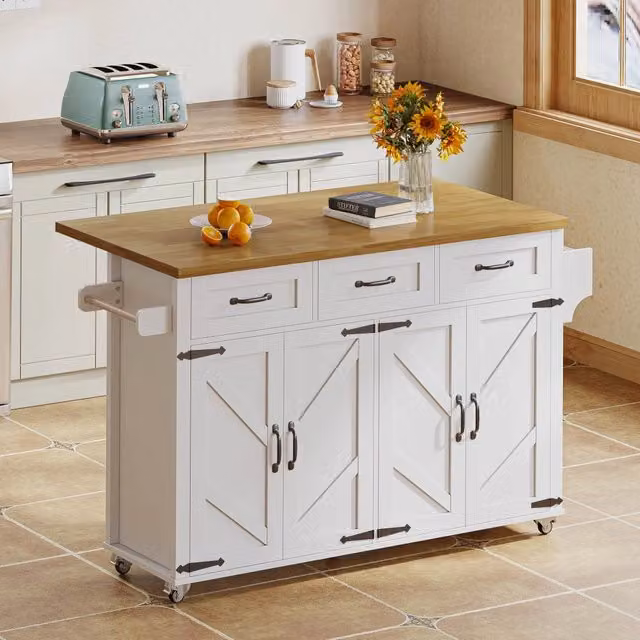 Isola cucina con piano ribaltabile in MDF bianco; 4 ante; 3 cassetti e 5 ruote bloccabili; 140 x 43-70 x 90;5 cm