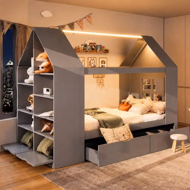 Letto per bambini a casetta 90 x 200 cm con 2 cassetti; LED e vani contenitore grigio