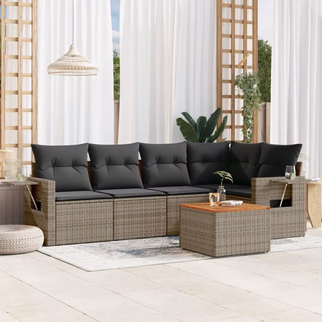 vidaXL Set Divano da Giardino a L in Polyrattan Grigio con Cuscini e Tavolino da Esterno 6 pz – 1