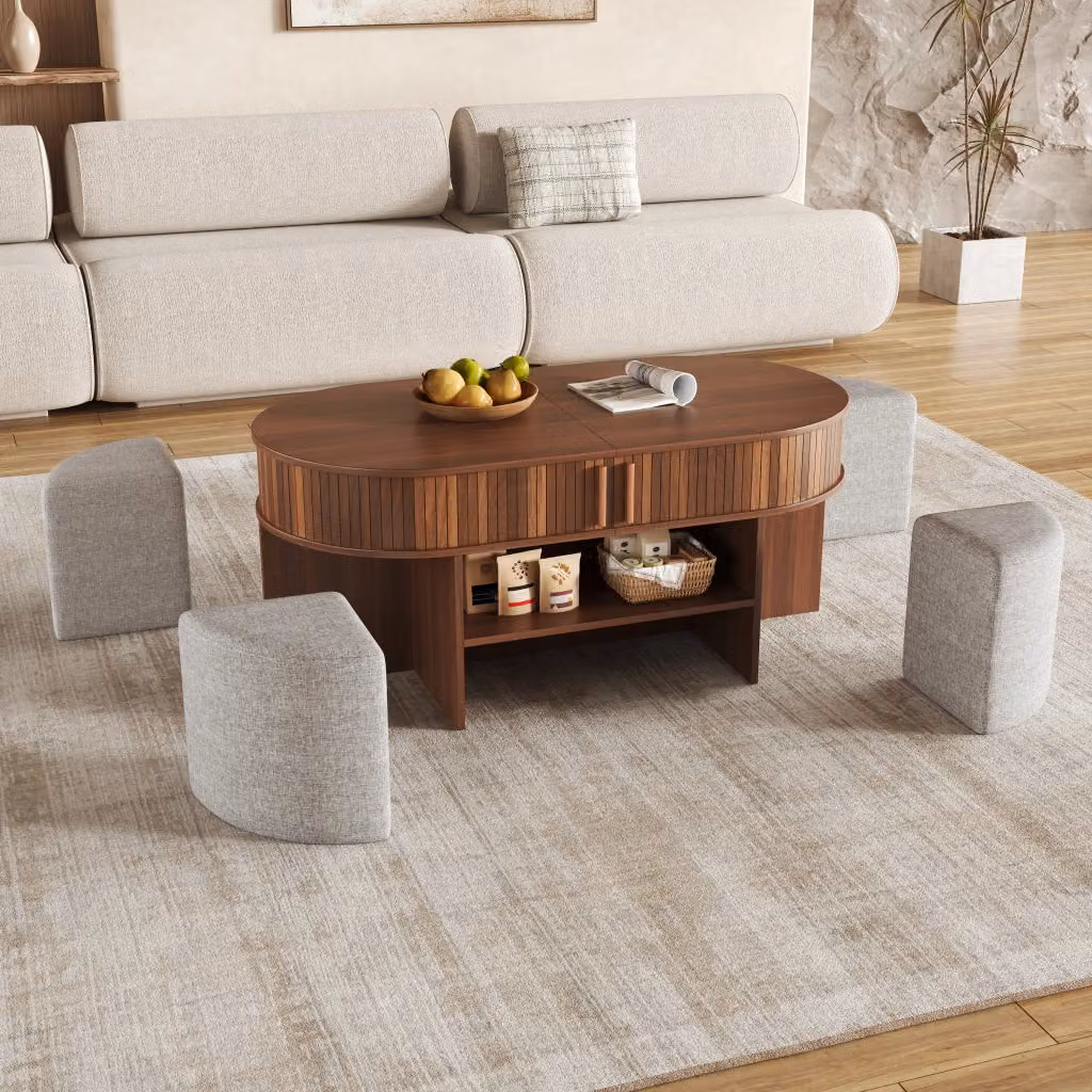 Tavolino ovale con contenitore REDOM color noce e sgabelli in tessuto L/P: 120 x 60 cm – 2