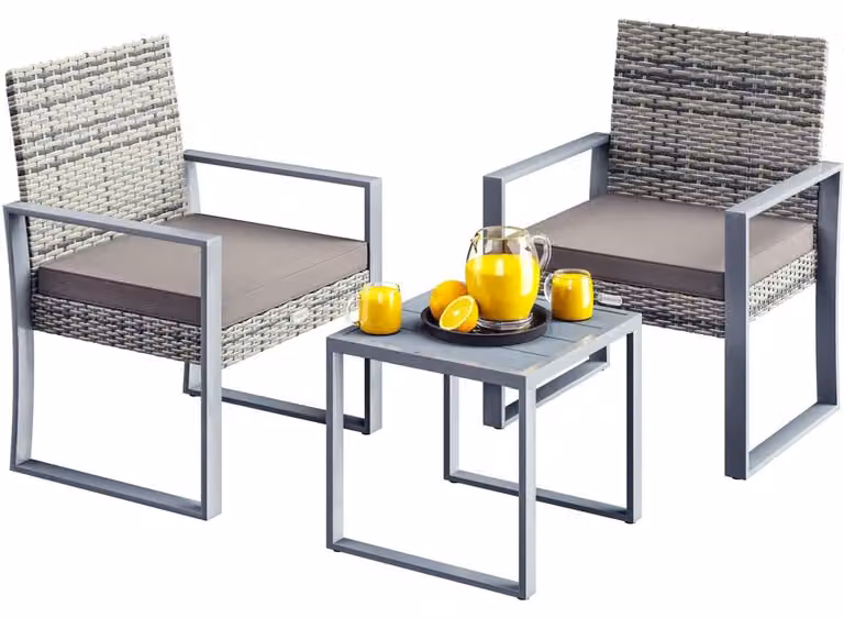 Set da salotto per balcone, composto da 3 elementi - Arredamento da giardino in rattan sintetico - 2 poltrone con cuscini