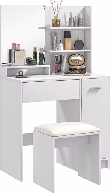 Cassettiera Trucchi con Specchio e Scrivania ¨C Zephmum ¨C Bianco e Beige