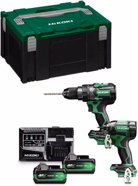 Kit utensili a batteria HiKOKI KC18DCWBZ con avvitatore DV18DC, martello perforatore WH18DC, 2 batterie e caricabatterie, colore verde