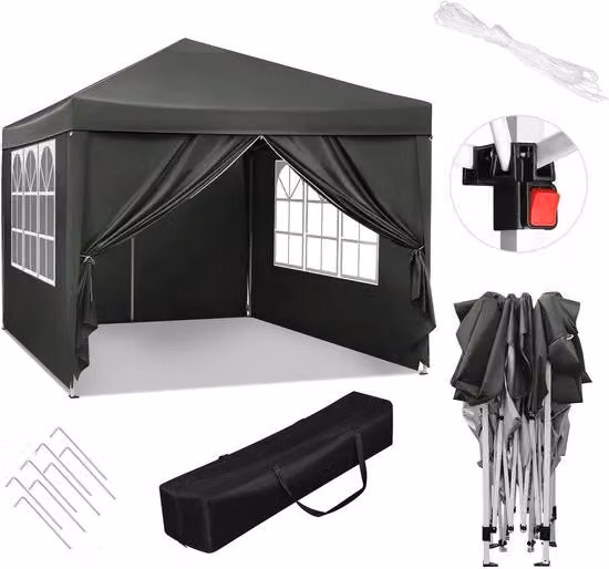 Tenda da Giardino Flessibile 3x3 con Pareti laterali - Tenda per Feste Ripiegabile - Pergola Impermeabile - Protezione UV contro le Radiazioni Solari con Tasca Portatile - Nero Carbone