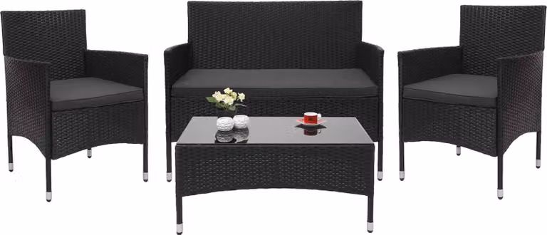 Set in polyrattan MCW-F55, set da balcone/giardino/lounge con divano e sedute ~ nero, cuscini grigio scuro