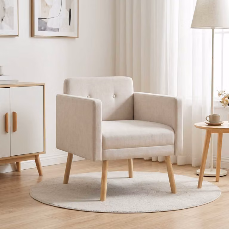 Sedia d'accento moderna vidaXL in tessuto beige con braccioli e struttura in legno e plastica