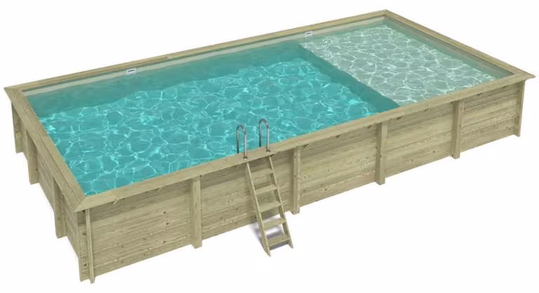 Piscina in legno AQUA 10.2 x 5.2 – H.1.45 m con spiaggia, sabbia, con supporti fissati al calcestruzzo