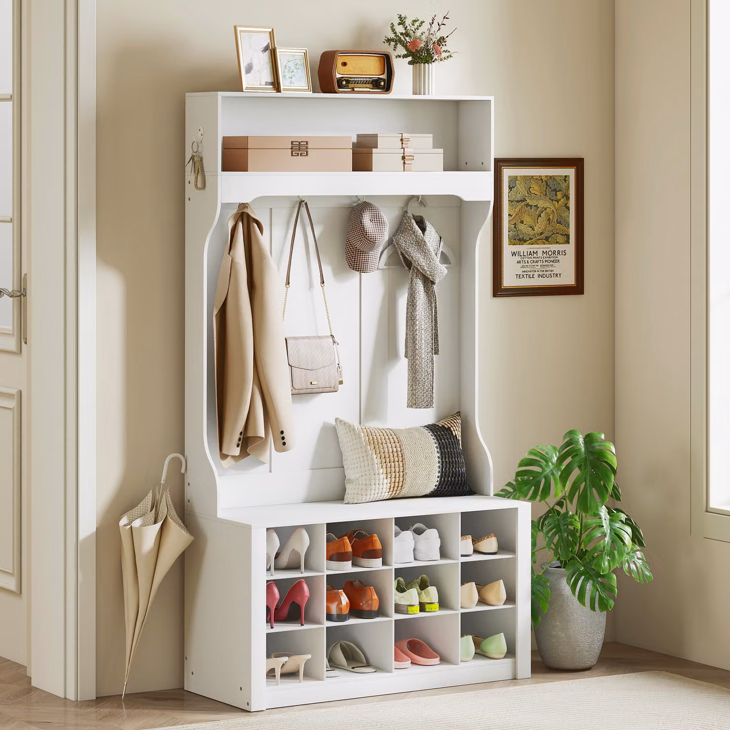 Appendiabiti 4-in-1 HOMCOM con Panca da Ingresso, Scarpiera con 12 Scomparti, 6 Ganci e Mensola Aperta, Bianco – 2