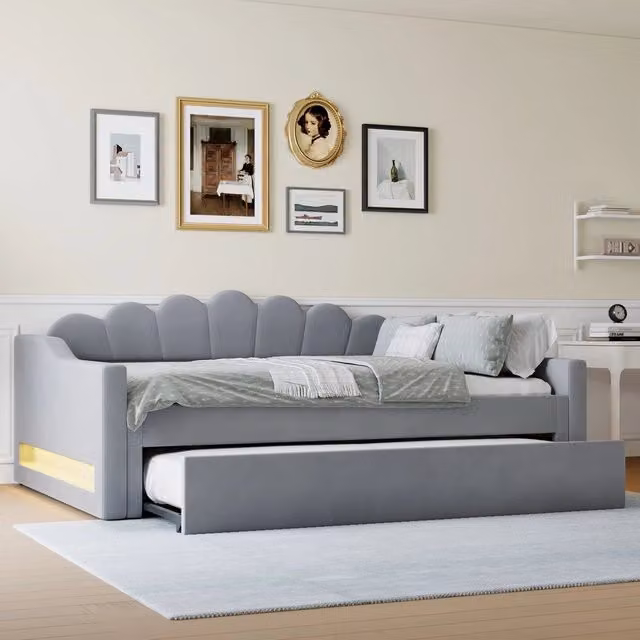 Letto Imbottito con LED e Letto Estraibile ¨C MINIMAL ¨C Grigio 140x200