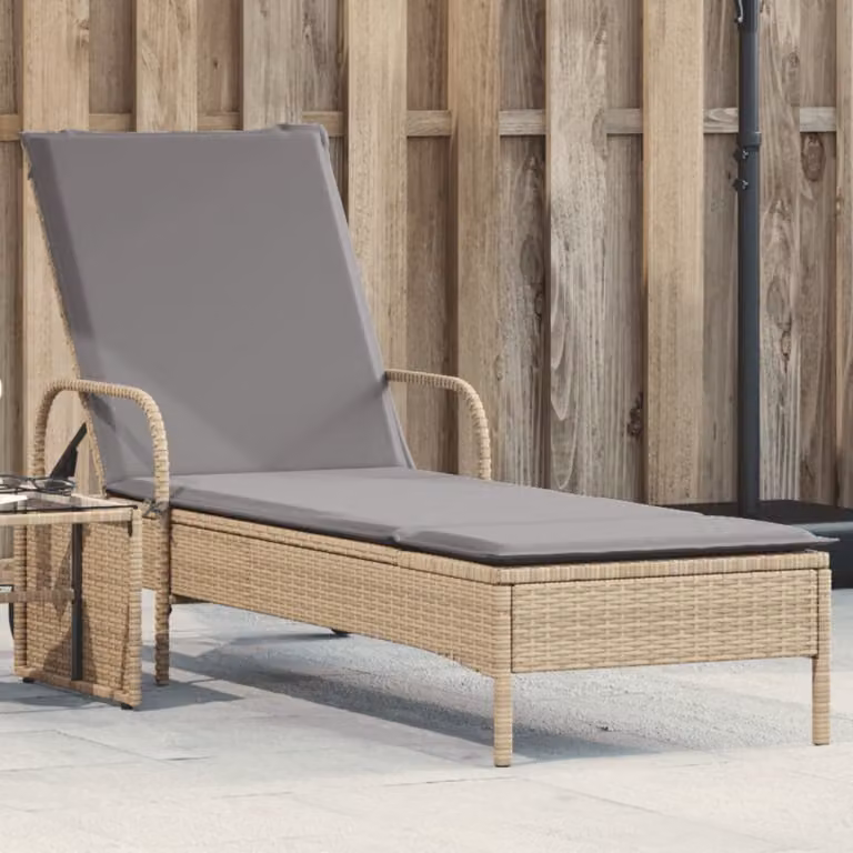 vidaXL Lettino Prendisole in Polyrattan con Ruote e Cuscino Beige e Grigio