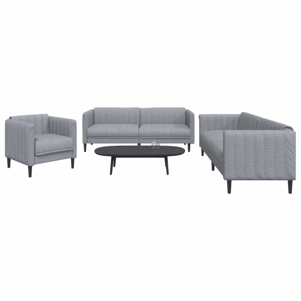 Set di divani 3 pezzi vidaXL in tessuto grigio con struttura in legno e cuscini inclusi – 1