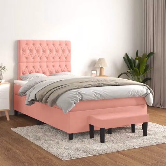 Letto con Giroletto a Molle e Materasso Ibrido vidaXL in Velluto Rosa e Bianco L/P/H: 200 x 120 x 128 cm – 1