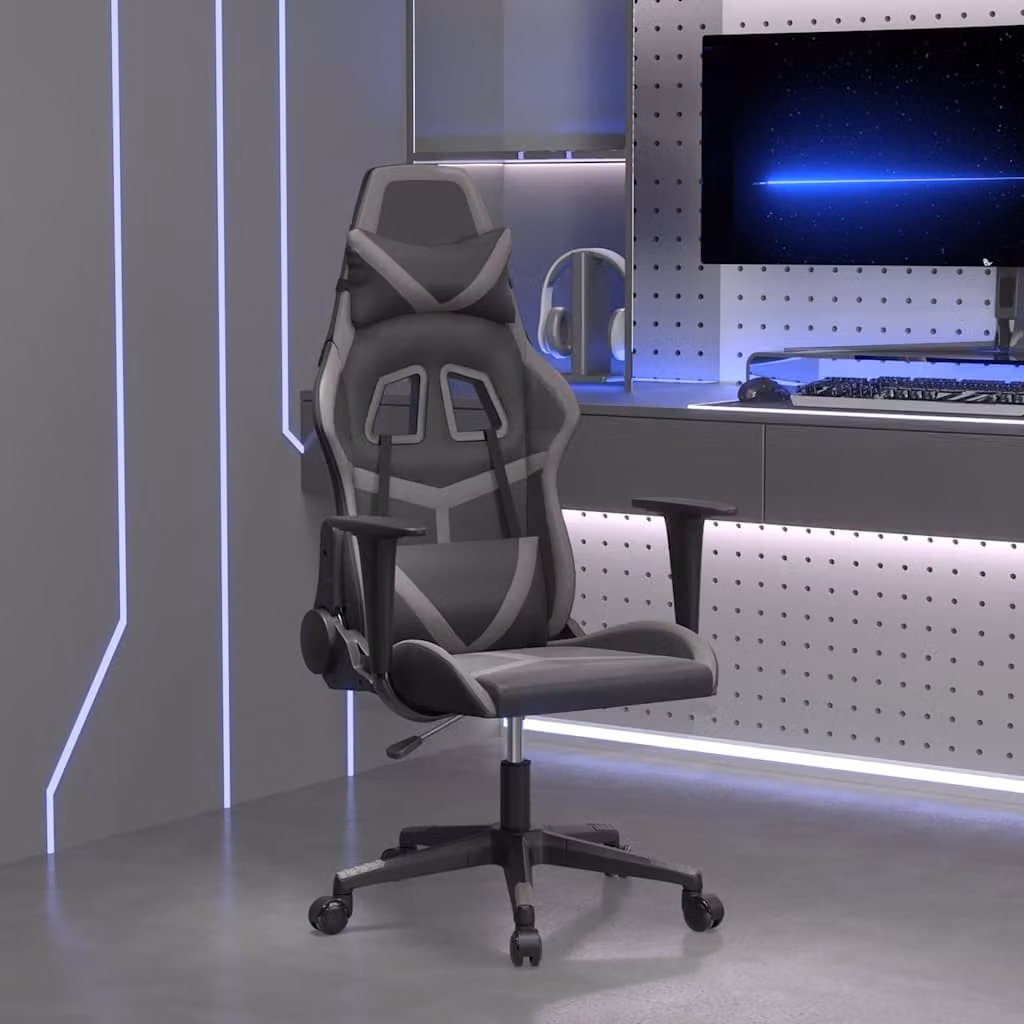 Sedia da Gaming vidaXL in Similpelle Nero e Grigio con Poggiatesta e Ruote, Girevole a 360 Gradi, L/P/H: 66,5 x 61,0 x 127,5 cm