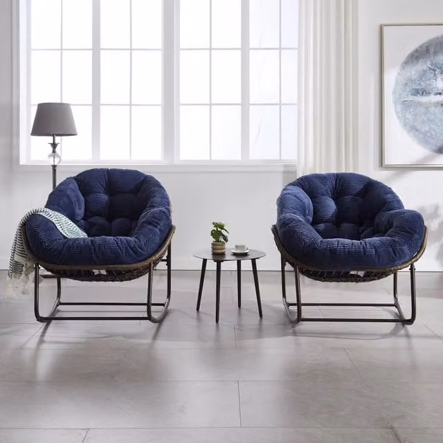 Sedia a dondolo WISHDOR in rattan sintetico e metallo con cuscino imbottito, blu navy, H 90 x L 78 x P 78 cm