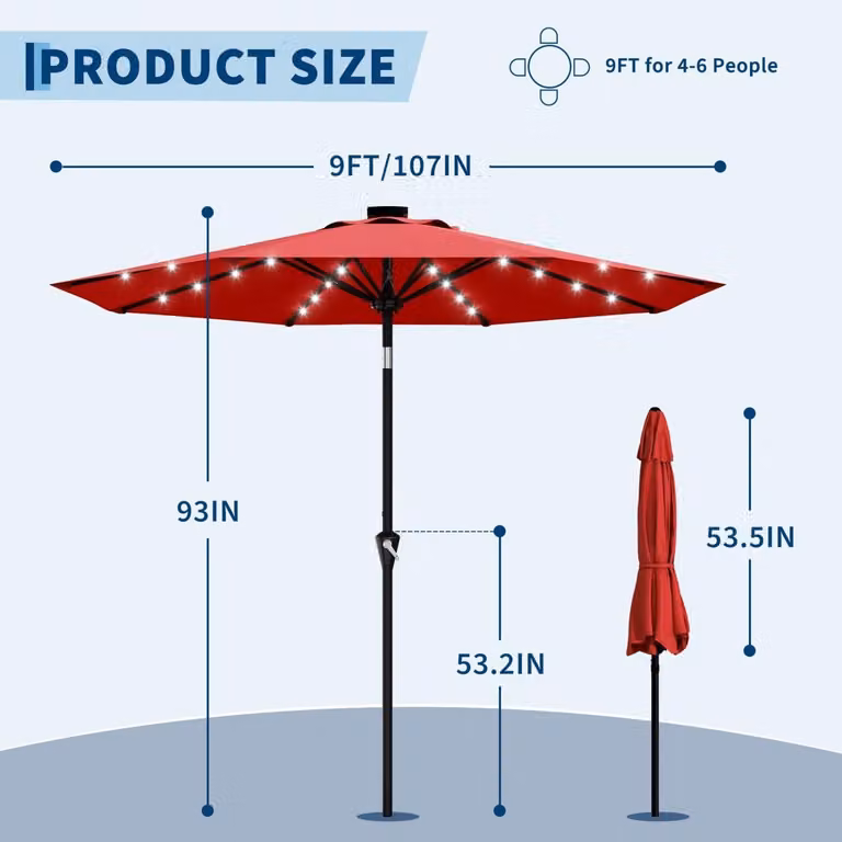 Ombrellone da esterno solare - Ombrellone da giardino 9 piedi (2,7 m) - Illuminazione a LED - Meccanismo a manovella - Funzione di inclinazione controllata da pulsante - 8 robuste stecche - Colore: rosso
