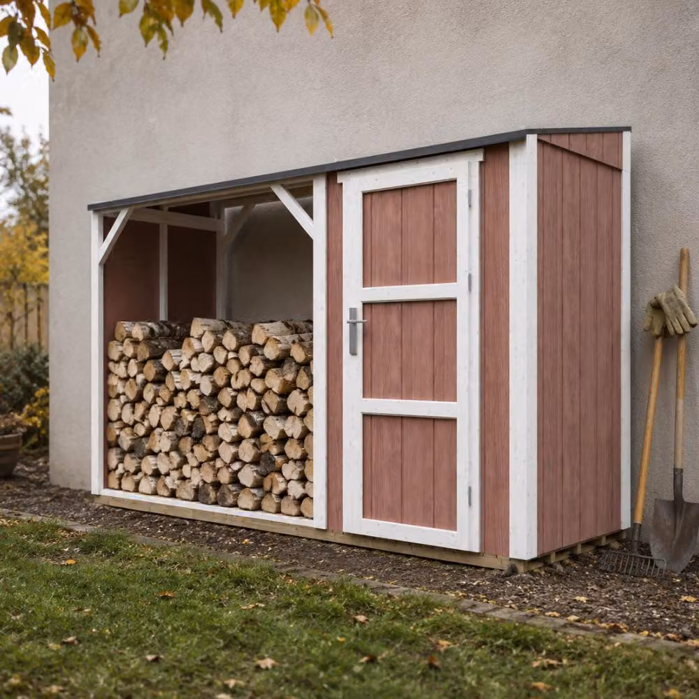 TIMBELA M985-REDWOOD RED Legnaia con ripostiglio 4,14 m², ricovero per legna con spazio di stoccaggio chiuso