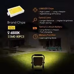 Lampada da lavoro LED ricaricabile, grado di protezione IP65 – 50 W, 1400 lumen – 6500 K, luce bianca simile alla luce diurna – Autonomia fino a 12 ore