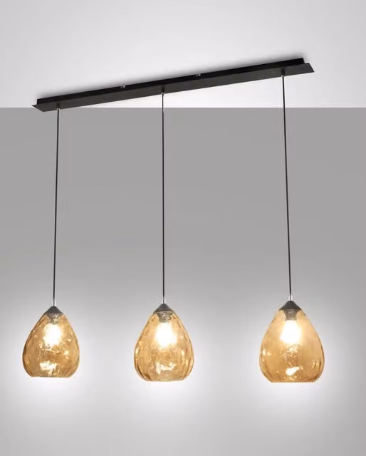 Lampada a Sospensione Gisella in Vetro Soffiato Ambra con Struttura in Metallo, Attacco E27 3x60W, Design Elegante per Interni IP20