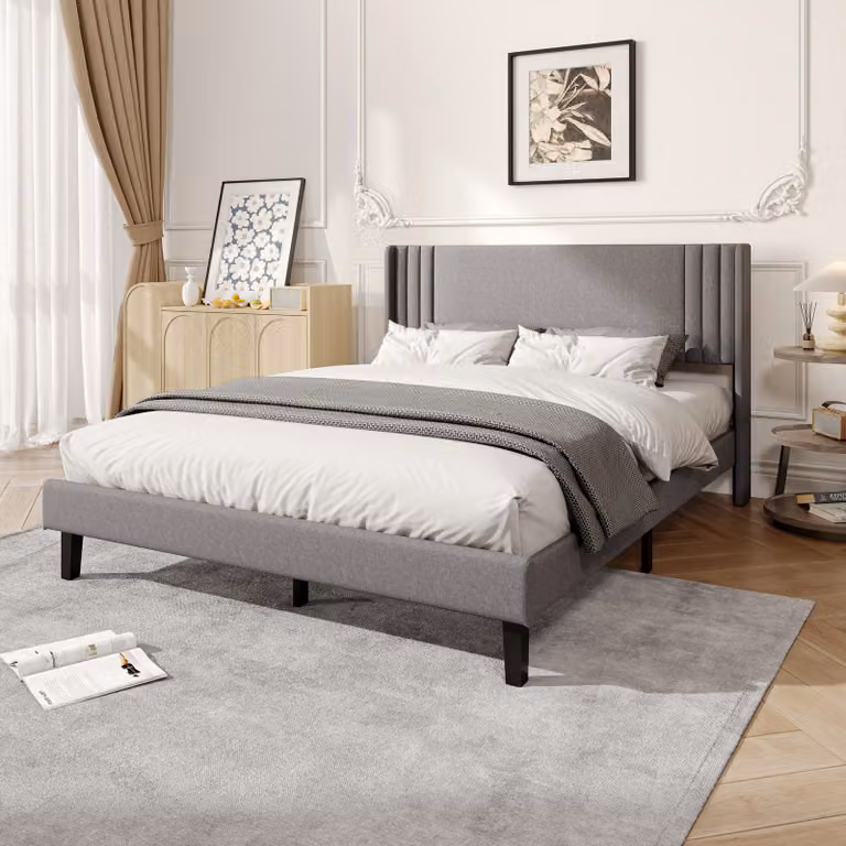 Letto imbottito in lino grigio UnboxG, 160x200 cm, design moderno e semplice, con rete a listelli, stabile e silenzioso, ideale per camere da letto e camere dei ragazzi