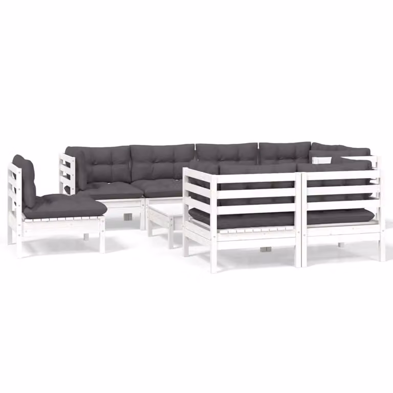 Set Divani da Giardino 9 pz con Cuscini Bianchi Legno di Pino