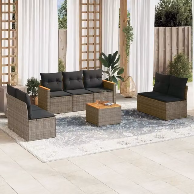 Set da giardino moderno vidaXL composto da 8 pezzi con divano a 3 posti, poltrone lounge, tavolino da esterno e cuscini grigi in rattan e metallo