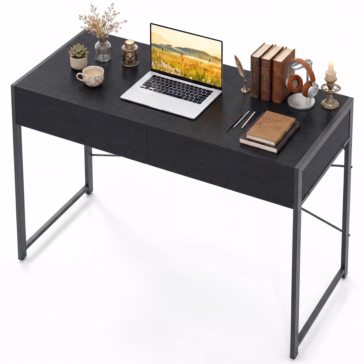 KOMFOTTEU: Scrivania industriale con struttura a X, tavolo da lavoro con ampi cassetti, piedini regolabili e kit antiscottatura, scrivania in legno per casa e ufficio, capacità di carico 90 kg, dimensioni 111 x 48 x 76 cm