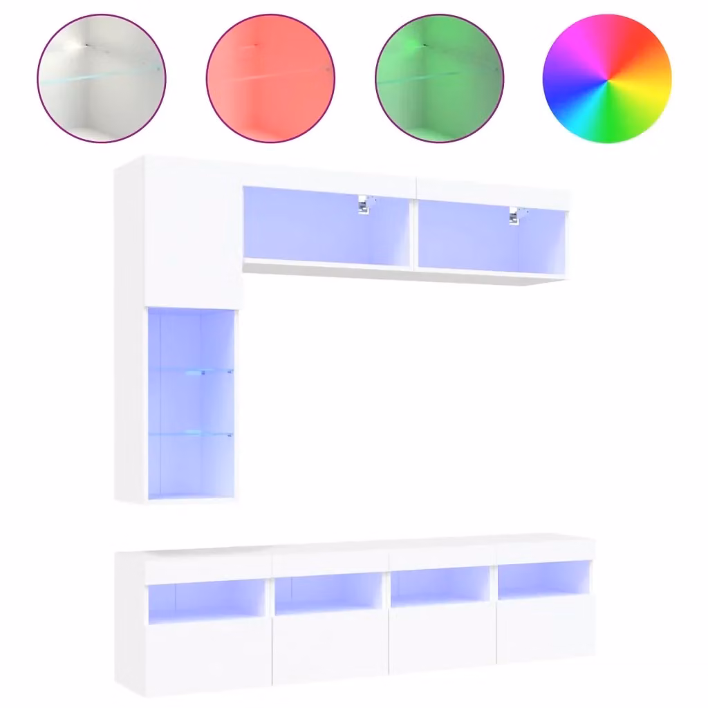 Set di mobili TV da parete vidaXL in 7 pezzi con luci LED integrate, colore bianco – 2