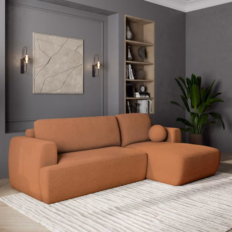 Divano angolare SENTI N R-S di Masseno con funzione letto a L, divano con box letto, divano da soggiorno, divano, divano letto, set di divani - arancione, ORA O MAI PIÙ 54