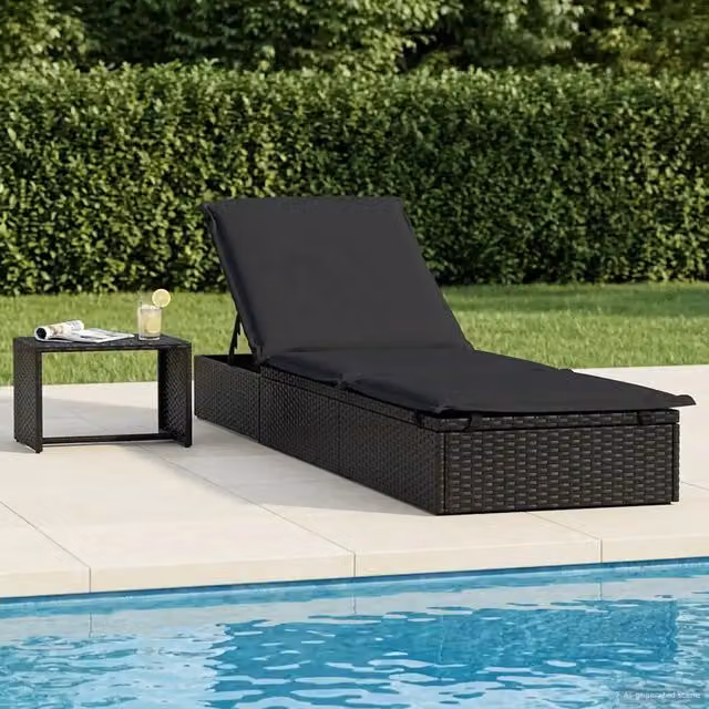 Lettino Prendisole 1 pz con Tavolino Nero in Polyrattan