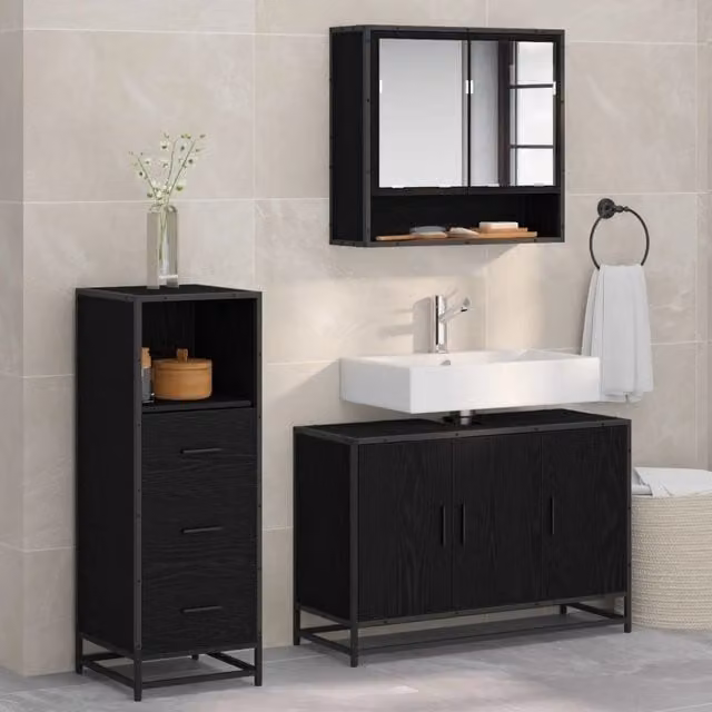 Set di mobili per il bagno 3 pz Rovere Nero 3402410