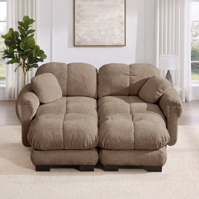 Divano 2 posti con poggiapiedi ¨C Minimal ¨C tessuto chenille trapunto marrone cuscini imbottiti