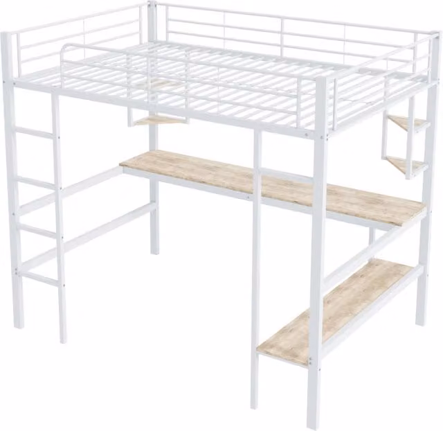 Letto a soppalco in metallo bianco 140x200 cm con scrivania e scaffali integrati