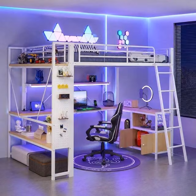 Letto a soppalco ULEVR 140x200 cm con scrivania, LED regolabile via app, USB e scaffali, bianco