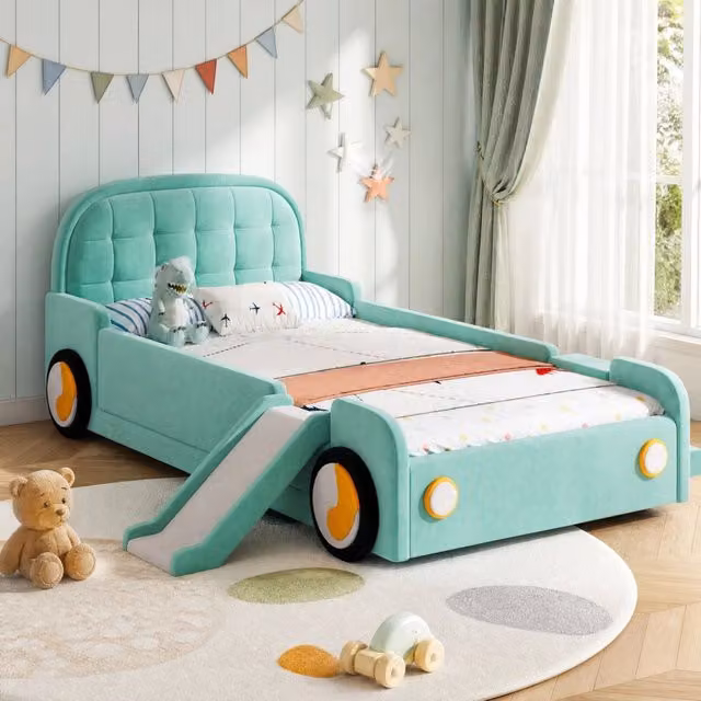 Letto per bambini a forma di auto 90x200 cm con scivolo e scala in velluto blu-verde HAVRYA