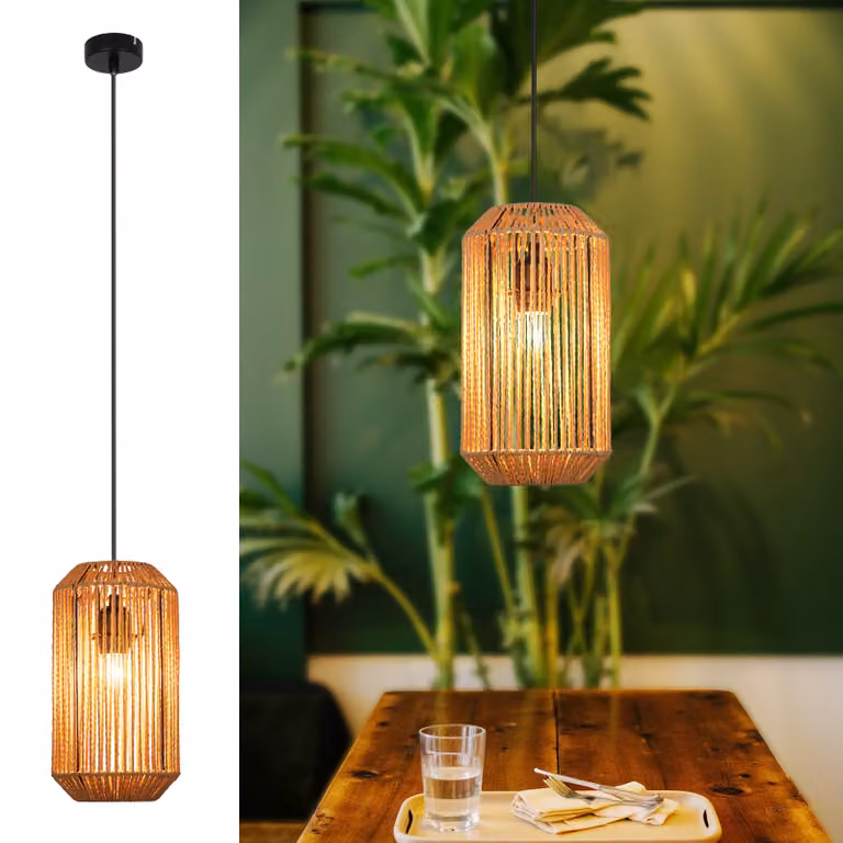 ZMH Lampada a sospensione tavolo da pranzo lampada a sospensione vintage lampada a sospensione sala da pranzo rattan lampada a sospensione E27 lungo design lanterna 1 fiamma tavolo da pranzo lampada per camera da letto letto soggiorno corridoio (lampadina