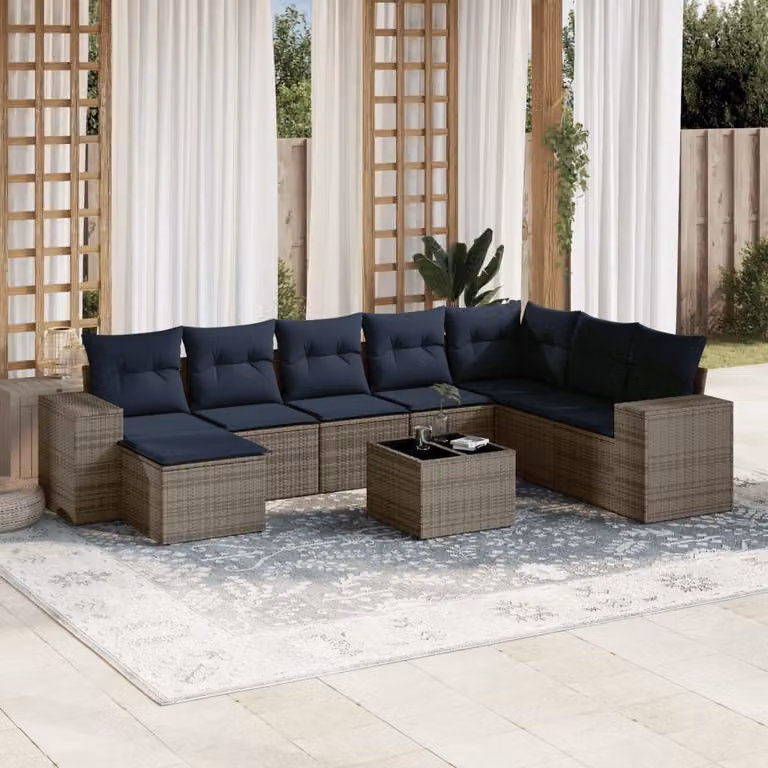 Set di divani da giardino vidaXL in polyrattan da 9 pezzi con cuscini e tavolino, colore grigio e blu, design moderno a L per esterno
