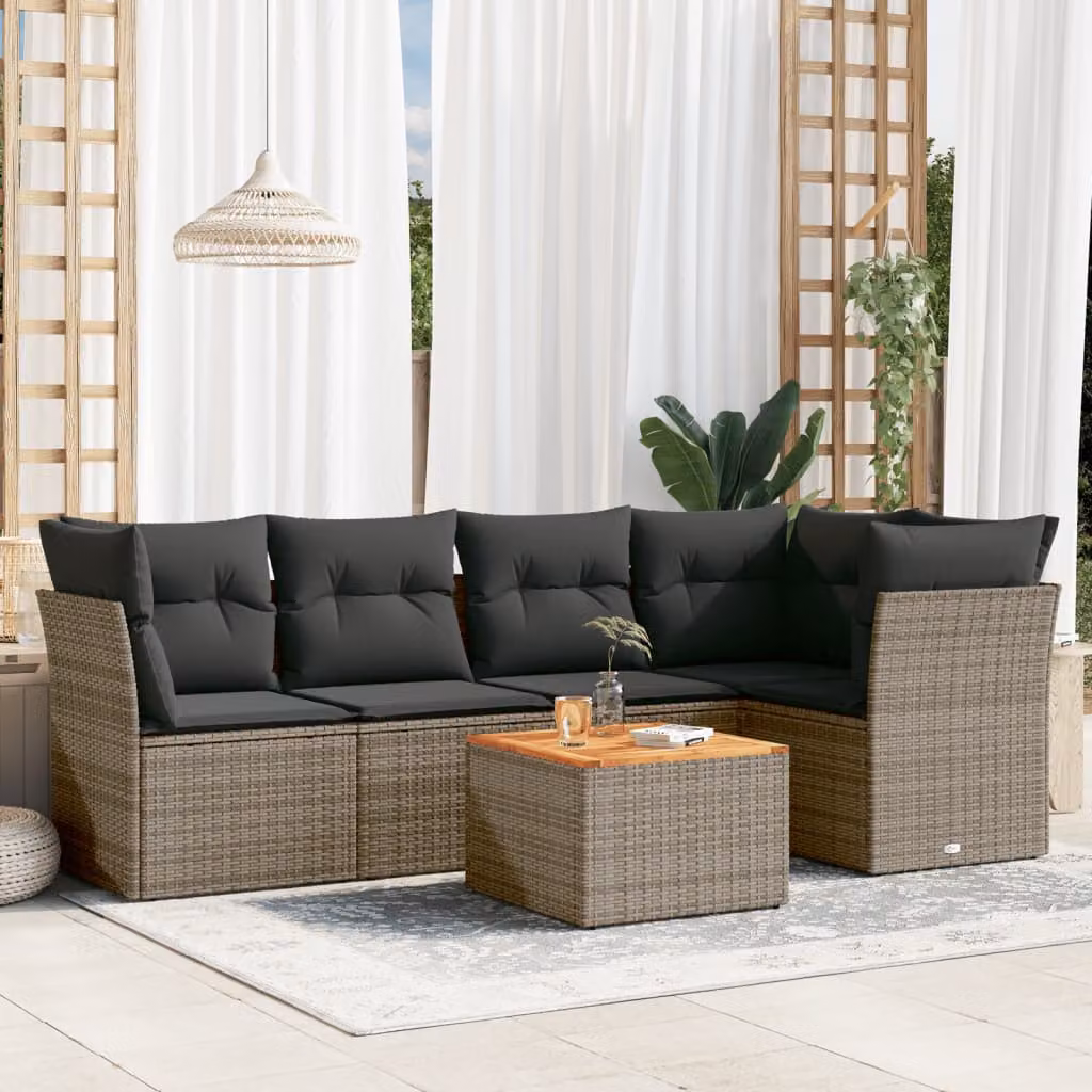 vidaXL Set Divano da Giardino a L in Polyrattan Grigio con Cuscini e Tavolino da Caffè – 1