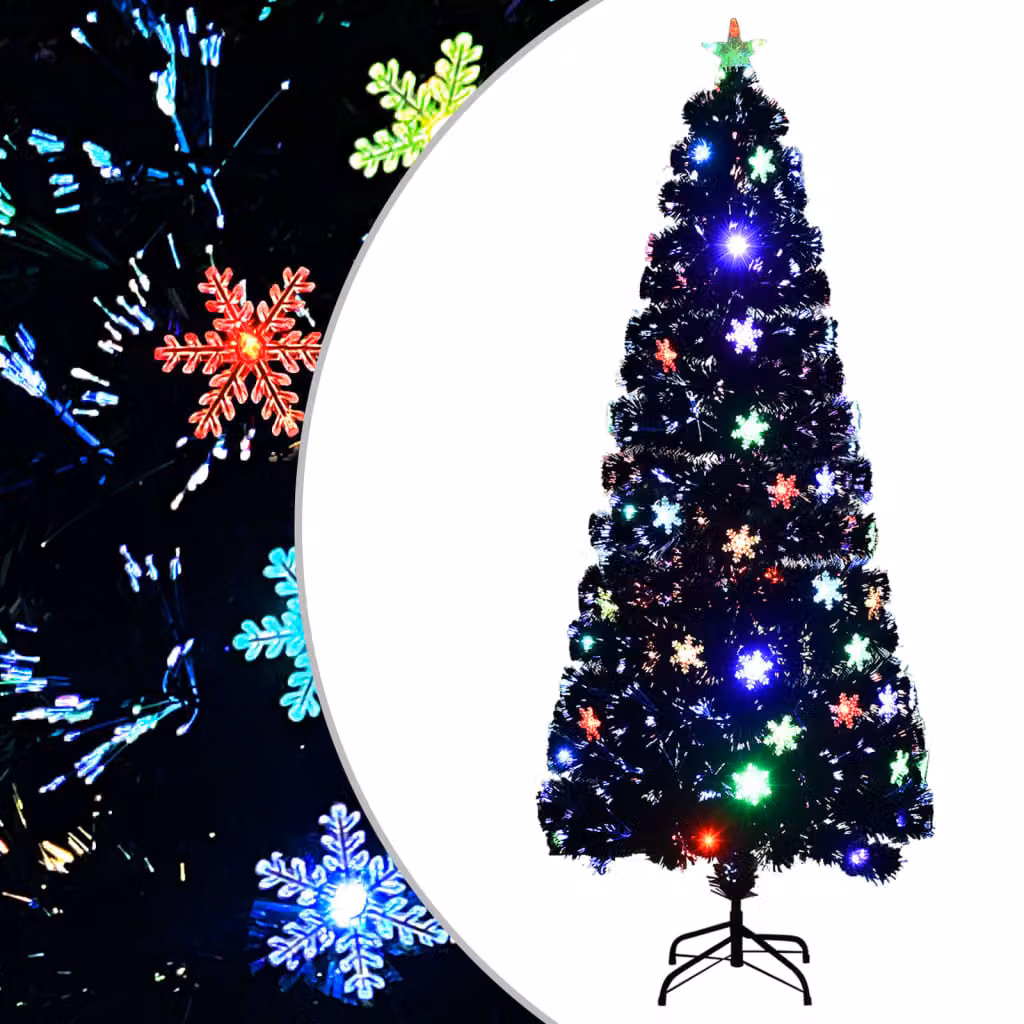 The Living Store Albero di Natale con fiocchi di neve a LED nero 210 cm in fibra ottica