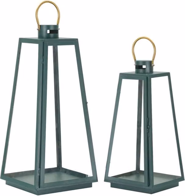 Set di 2 lanterne Grent GIORDANOSHOP in ferro e vetro, colore verde e oro, per uso da tavolo, Ø25 x 57 cm e Ø20 x 45 cm – 1