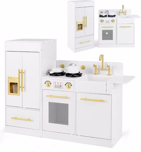 Set da cucina giocattolo in legno per bambini con frigorifero e lavastoviglie, Bianco