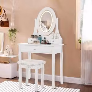 Comodino da trucco con specchio e cassetti, scrivania per il trucco, colore bianco, realizzato in pannello MDF/truciolato di alta qualità