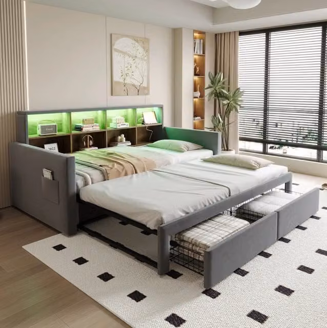 Letto imbottito estraibile ULEVR 90x190 cm, estensibile a 180 cm, LED, prese USB e Type-C, grigio