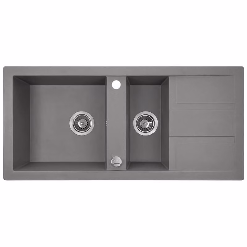 Lavello di design in granito a 1,5 vasche con scolapiatti grigio