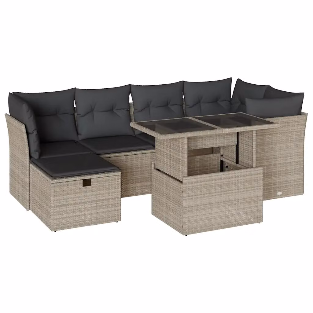 vidaXL Set Divani da Giardino 7pz a Forma di L con Cuscini Grigio con Tavolino e Pouf in Polyrattan e Metallo – 2